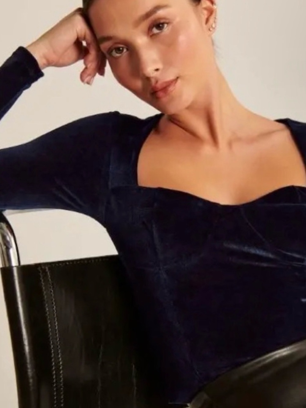 Abercrombie & Fitch Navy Velvet Sweetheart Long-Sleeve Top